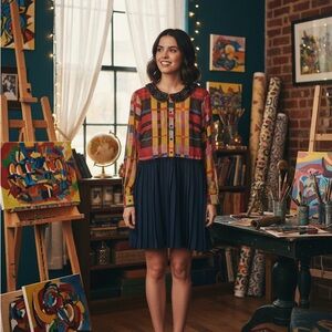 Jessica Simpson Multicolor Plaid and Navy Dress